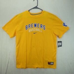 Nike Milwaukee Brewers Men's XL Yellow Short Sleeve Shirt Spell Out Baseball MLB